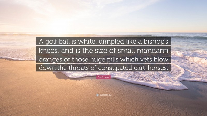 Frank Muir Quote: “A golf ball is white, dimpled like a bishop’s knees, and is the size of small mandarin oranges or those huge pills which vets blow down the throats of constipated cart-horses.”