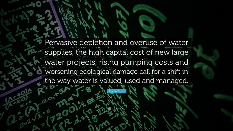 Sandra Postel Quote: “Pervasive depletion and overuse of water supplies, the high capital cost of new large water projects, rising pumping costs and worsening ecological damage call for a shift in the way water is valued, used and managed.”