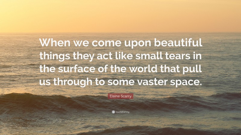 Elaine Scarry Quote: “When we come upon beautiful things they act like small tears in the surface of the world that pull us through to some vaster space.”