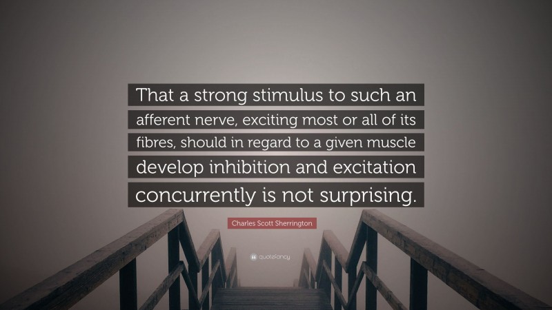 Charles Scott Sherrington Quote: “That a strong stimulus to such an afferent nerve, exciting most or all of its fibres, should in regard to a given muscle develop inhibition and excitation concurrently is not surprising.”