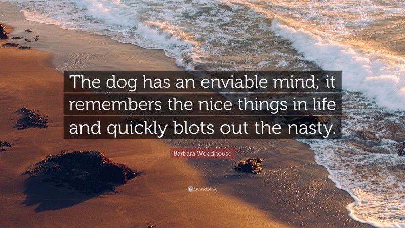 Barbara Woodhouse Quote: “The dog has an enviable mind; it remembers the nice things in life and quickly blots out the nasty.”