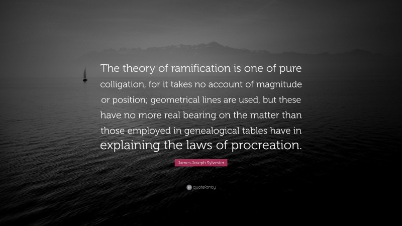 James Joseph Sylvester Quote: “The theory of ramification is one of pure colligation, for it takes no account of magnitude or position; geometrical lines are used, but these have no more real bearing on the matter than those employed in genealogical tables have in explaining the laws of procreation.”