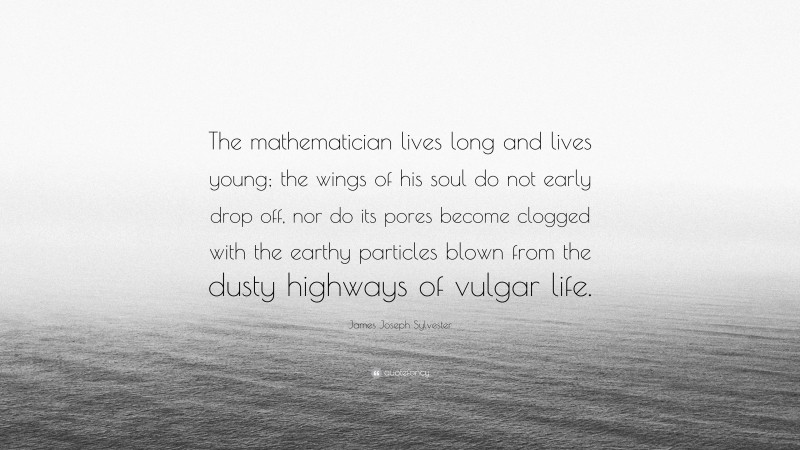 James Joseph Sylvester Quote: “The mathematician lives long and lives young; the wings of his soul do not early drop off, nor do its pores become clogged with the earthy particles blown from the dusty highways of vulgar life.”