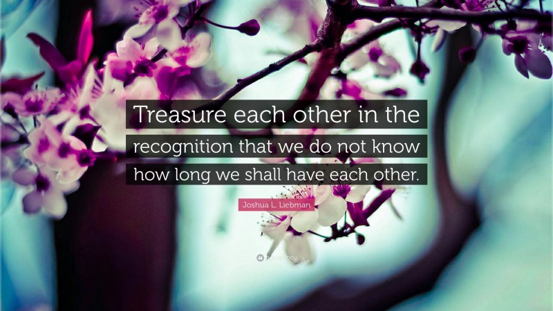 Joshua L. Liebman Quote: “Treasure each other in the recognition that we do not know how long we shall have each other.”