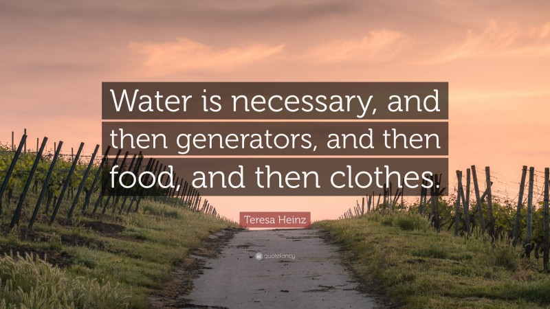 Teresa Heinz Quote: “Water is necessary, and then generators, and then food, and then clothes.”
