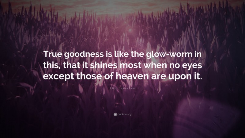 Julius Charles Hare Quote: “True goodness is like the glow-worm in this, that it shines most when no eyes except those of heaven are upon it.”