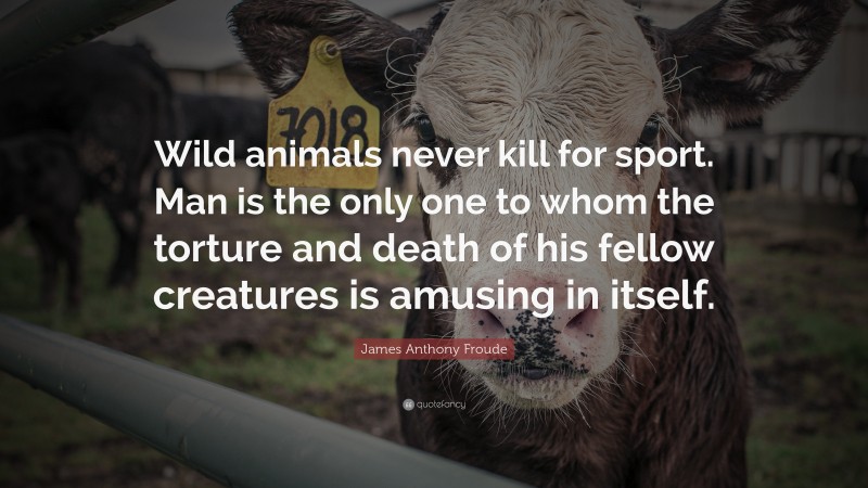 James Anthony Froude Quote: “Wild animals never kill for sport. Man is the only one to whom the torture and death of his fellow creatures is amusing in itself.”