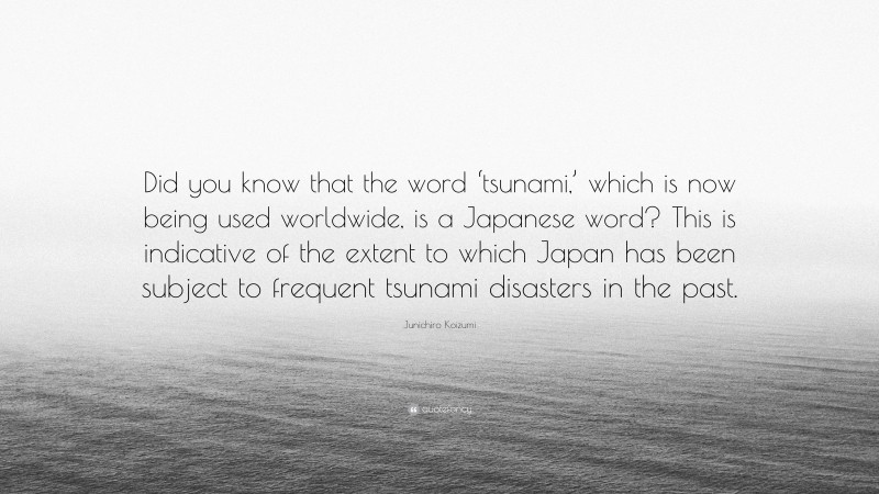 Junichiro Koizumi Quote: “Did you know that the word ‘tsunami,’ which is now being used worldwide, is a Japanese word? This is indicative of the extent to which Japan has been subject to frequent tsunami disasters in the past.”