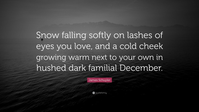James Schuyler Quote: “Snow falling softly on lashes of eyes you love, and a cold cheek growing warm next to your own in hushed dark familial December.”