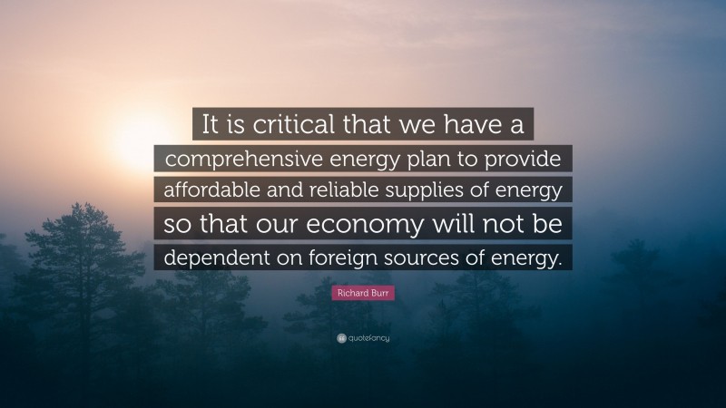 Richard Burr Quote: “It is critical that we have a comprehensive energy plan to provide affordable and reliable supplies of energy so that our economy will not be dependent on foreign sources of energy.”