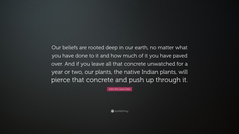 John Fire Lame Deer Quote: “Our beliefs are rooted deep in our earth, no matter what you have done to it and how much of it you have paved over. And if you leave all that concrete unwatched for a year or two, our plants, the native Indian plants, will pierce that concrete and push up through it.”