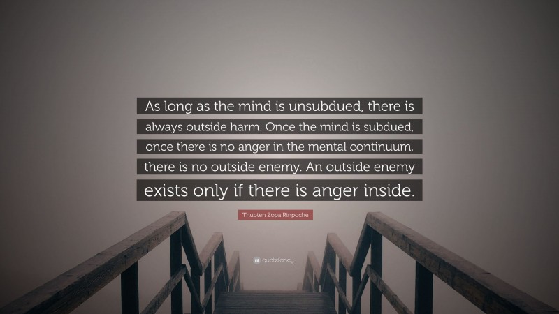 Thubten Zopa Rinpoche Quote: “As long as the mind is unsubdued, there is always outside harm. Once the mind is subdued, once there is no anger in the mental continuum, there is no outside enemy. An outside enemy exists only if there is anger inside.”