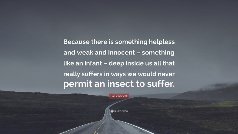 Jack Abbott Quote: “Because there is something helpless and weak and innocent – something like an infant – deep inside us all that really suffers in ways we would never permit an insect to suffer.”