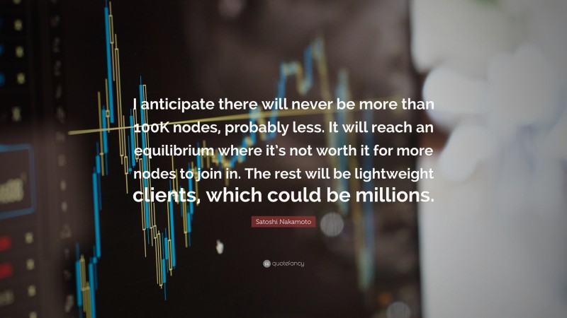 Satoshi Nakamoto Quote: “I anticipate there will never be more than 100K nodes, probably less. It will reach an equilibrium where it’s not worth it for more nodes to join in. The rest will be lightweight clients, which could be millions.”