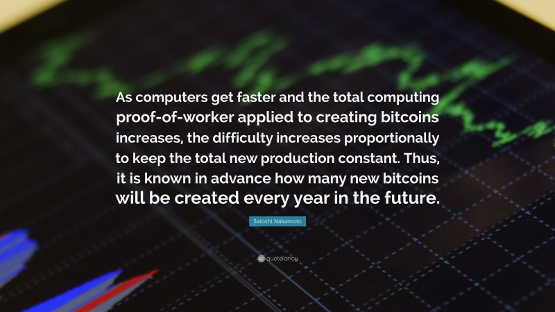 Satoshi Nakamoto Quote: “As computers get faster and the total computing proof-of-worker applied to creating bitcoins increases, the difficulty increases proportionally to keep the total new production constant. Thus, it is known in advance how many new bitcoins will be created every year in the future.”
