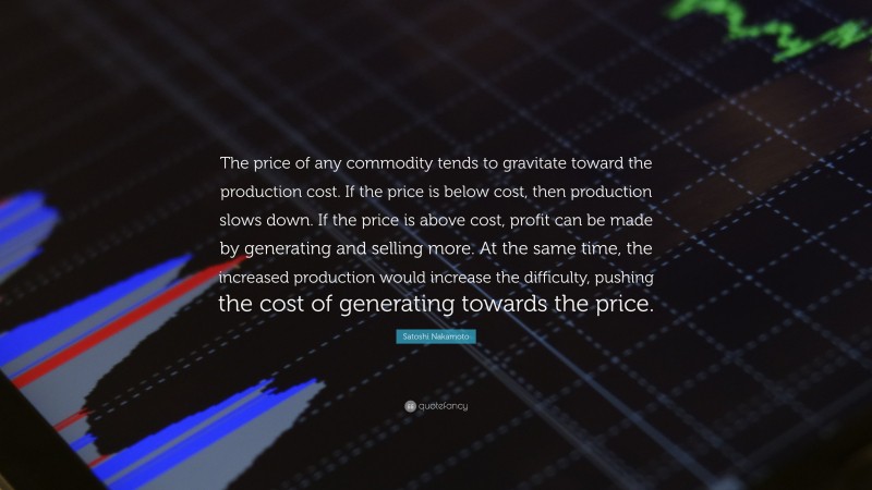 Satoshi Nakamoto Quote: “The price of any commodity tends to gravitate toward the production cost. If the price is below cost, then production slows down. If the price is above cost, profit can be made by generating and selling more. At the same time, the increased production would increase the difficulty, pushing the cost of generating towards the price.”