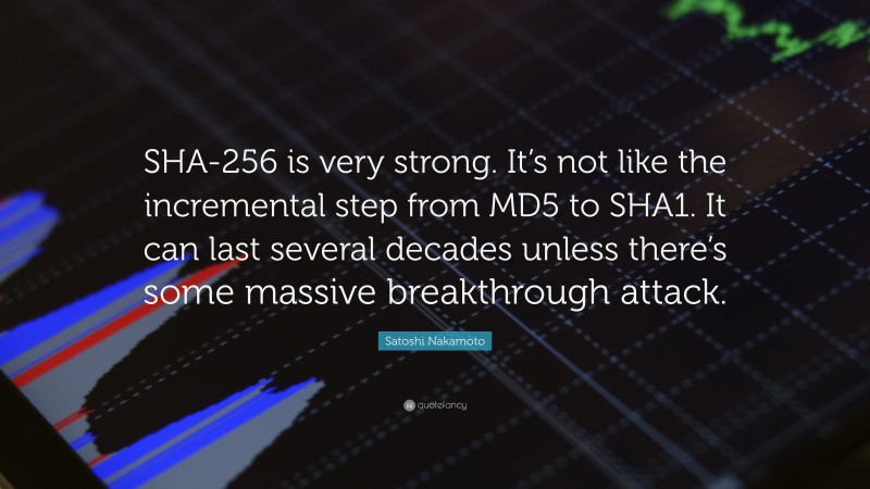 Satoshi Nakamoto Quote: “SHA-256 is very strong. It’s not like the incremental step from MD5 to SHA1. It can last several decades unless there’s some massive breakthrough attack.”