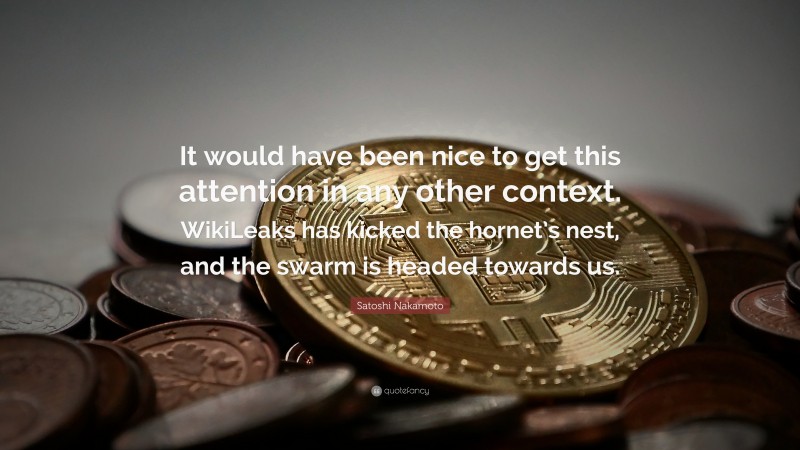 Satoshi Nakamoto Quote: “It would have been nice to get this attention in any other context. WikiLeaks has kicked the hornet’s nest, and the swarm is headed towards us.”