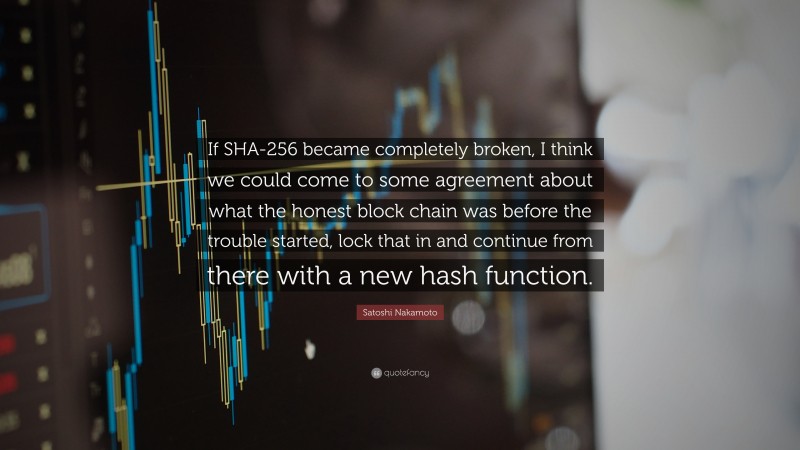 Satoshi Nakamoto Quote: “If SHA-256 became completely broken, I think we could come to some agreement about what the honest block chain was before the trouble started, lock that in and continue from there with a new hash function.”