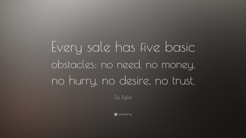 Zig Ziglar Quote: “Every sale has five basic obstacles: no need, no money, no hurry, no desire, no trust.”