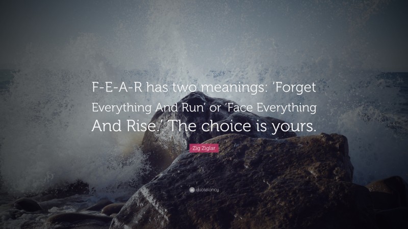 Zig Ziglar Quote: “F-E-A-R has two meanings: ‘Forget Everything And Run’ or ‘Face Everything And Rise.’ The choice is yours.”