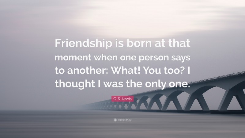 C. S. Lewis Quote: “Friendship is born at that moment when one person says to another: What! You too? I thought I was the only one.”