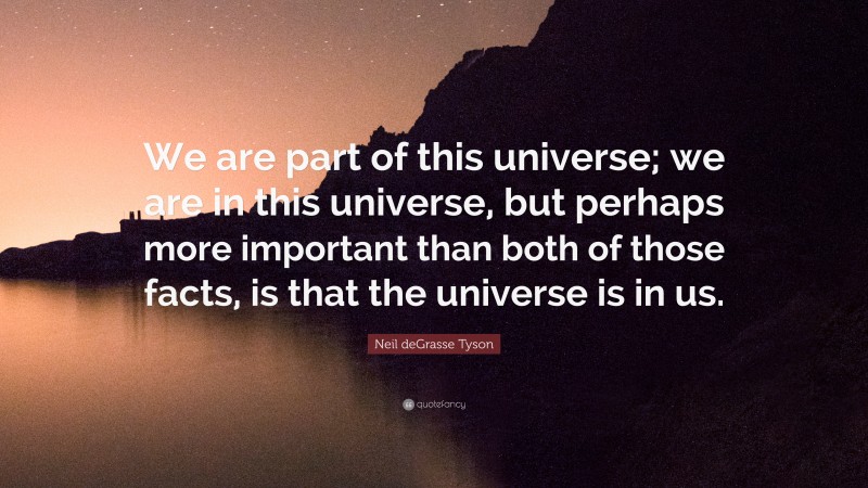 Neil deGrasse Tyson Quote: “We are part of this universe; we are in this universe, but perhaps more important than both of those facts, is that the universe is in us.”