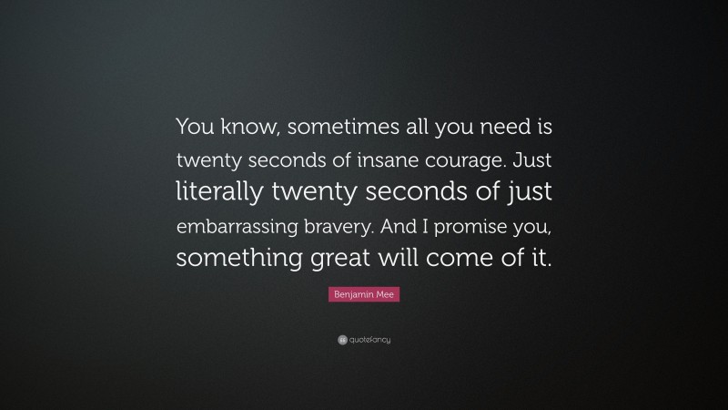 Benjamin Mee Quote: “You know, sometimes all you need is twenty seconds of insane courage. Just literally twenty seconds of just embarrassing bravery. And I promise you, something great will come of it.”