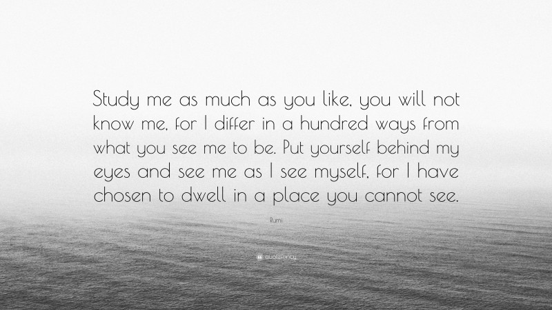 Rumi Quote: “Study me as much as you like, you will not know me, for I differ in a hundred ways from what you see me to be. Put yourself behind my eyes and see me as I see myself, for I have chosen to dwell in a place you cannot see.”