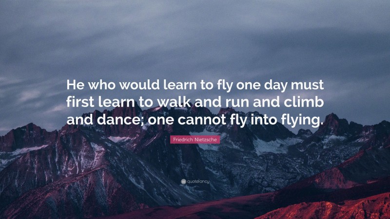Friedrich Nietzsche Quote: “He who would learn to fly one day must first learn to walk and run and climb and dance; one cannot fly into flying.”