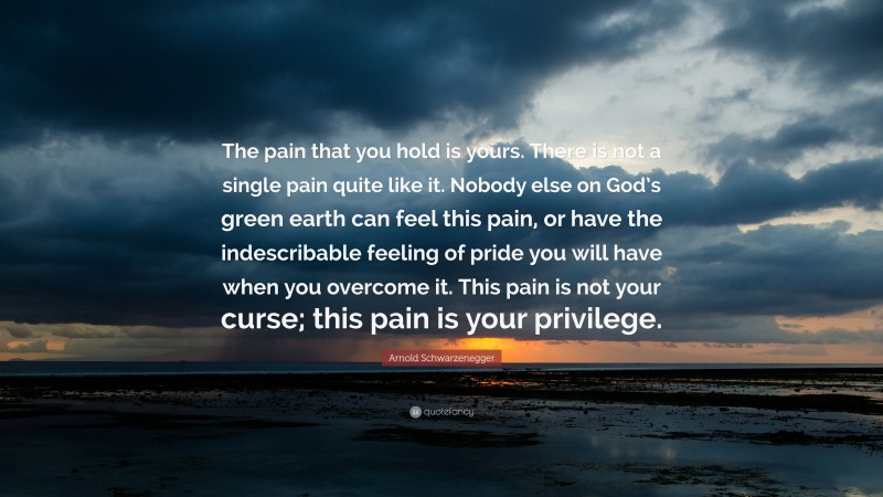 Arnold Schwarzenegger Quote: “The pain that you hold is yours. There is not a single pain quite like it. Nobody else on God’s green earth can feel this pain, or have the indescribable feeling of pride you will have when you overcome it. This pain is not your curse; this pain is your privilege.”