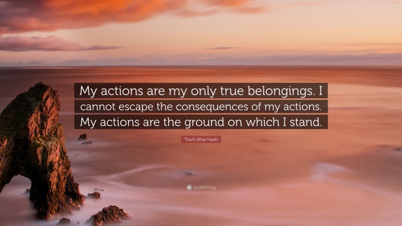 Thich Nhat Hanh Quote: “My actions are my only true belongings. I cannot escape the consequences of my actions. My actions are the ground on which I stand.”