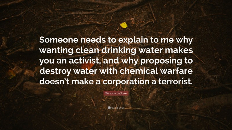 Winona LaDuke Quote: “Someone needs to explain to me why wanting clean drinking water makes you an activist, and why proposing to destroy water with chemical warfare doesn’t make a corporation a terrorist.”