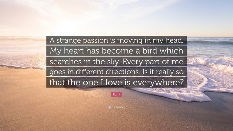 Rumi Quote: “A strange passion is moving in my head. My heart has become a bird which searches in the sky. Every part of me goes in different directions. Is it really so that the one I love is everywhere?”
