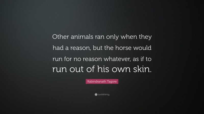 Rabindranath Tagore Quote: “Other animals ran only when they had a reason, but the horse would run for no reason whatever, as if to run out of his own skin.”