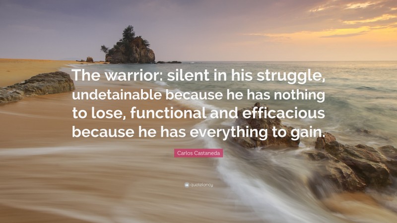 Carlos Castaneda Quote: “The warrior: silent in his struggle, undetainable because he has nothing to lose, functional and efficacious because he has everything to gain.”