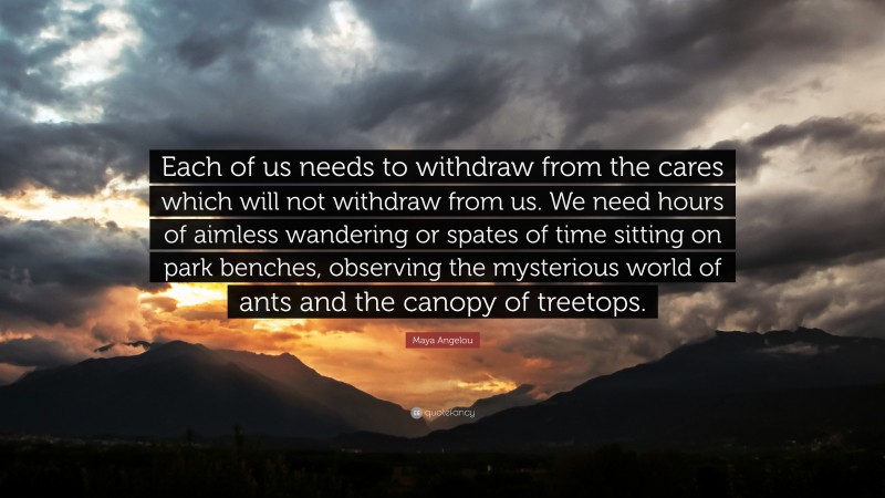 Maya Angelou Quote: “Each of us needs to withdraw from the cares which will not withdraw from us. We need hours of aimless wandering or spates of time sitting on park benches, observing the mysterious world of ants and the canopy of treetops.”