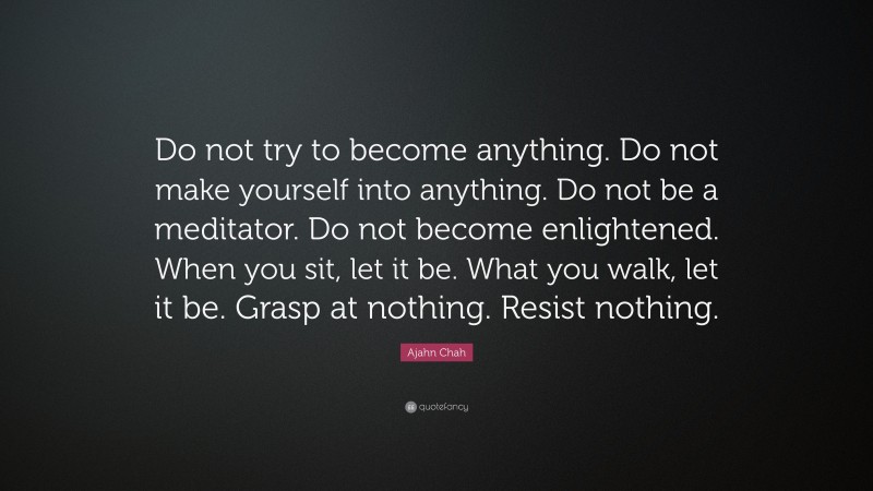 Ajahn Chah Quote: “Do not try to become anything. Do not make yourself into anything. Do not be a meditator. Do not become enlightened. When you sit, let it be. What you walk, let it be. Grasp at nothing. Resist nothing.”