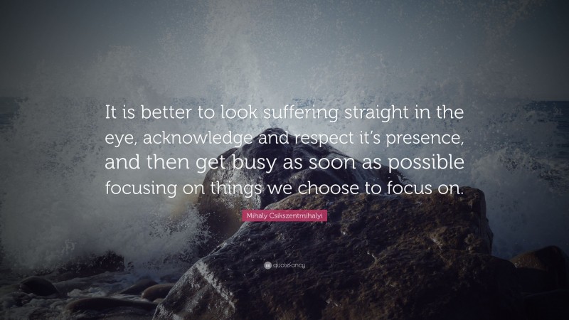 Mihaly Csikszentmihalyi Quote: “It is better to look suffering straight in the eye, acknowledge and respect it’s presence, and then get busy as soon as possible focusing on things we choose to focus on.”