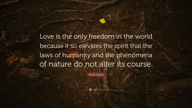 Khalil Gibran Quote: “Love is the only freedom in the world because it so elevates the spirit that the laws of humanity and the phenomena of nature do not alter its course.”