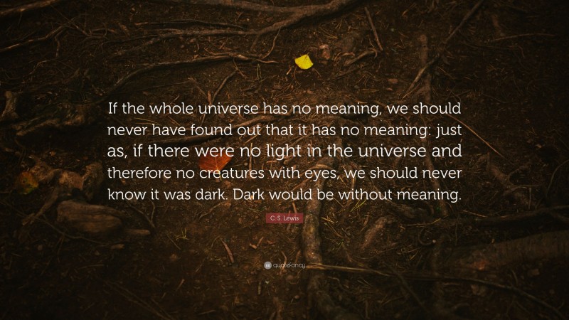 C. S. Lewis Quote: “If the whole universe has no meaning, we should never have found out that it has no meaning: just as, if there were no light in the universe and therefore no creatures with eyes, we should never know it was dark. Dark would be without meaning.”