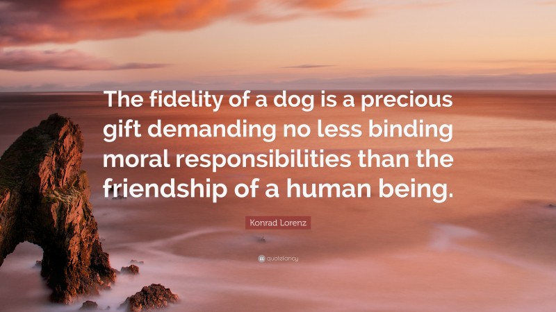 Konrad Lorenz Quote: “The fidelity of a dog is a precious gift demanding no less binding moral responsibilities than the friendship of a human being.”