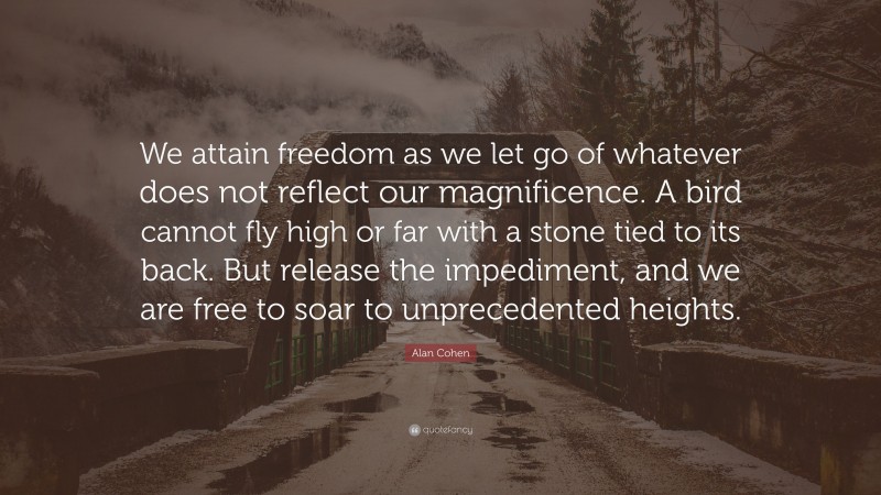 Alan Cohen Quote: “We attain freedom as we let go of whatever does not reflect our magnificence. A bird cannot fly high or far with a stone tied to its back. But release the impediment, and we are free to soar to unprecedented heights.”