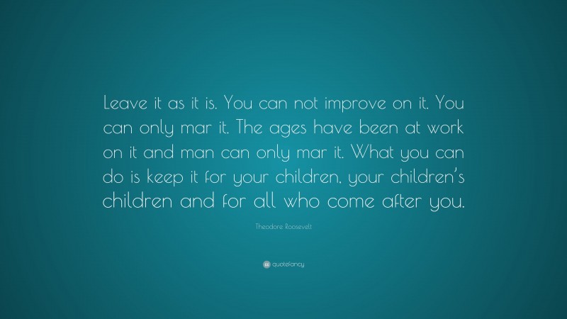 Theodore Roosevelt Quote: “Leave it as it is. You can not improve on it. You can only mar it. The ages have been at work on it and man can only mar it. What you can do is keep it for your children, your children’s children and for all who come after you.”