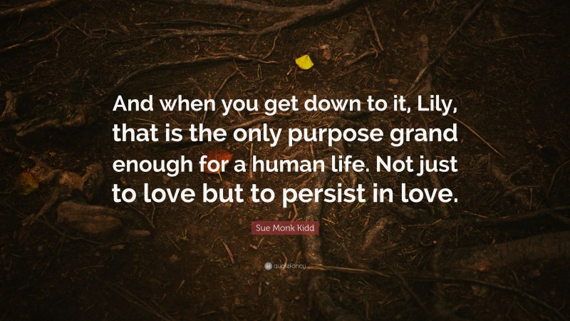 Sue Monk Kidd Quote: “And when you get down to it, Lily, that is the only purpose grand enough for a human life. Not just to love but to persist in love.”