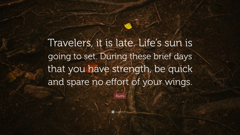 Rumi Quote: “Travelers, it is late. Life’s sun is going to set. During these brief days that you have strength, be quick and spare no effort of your wings.”