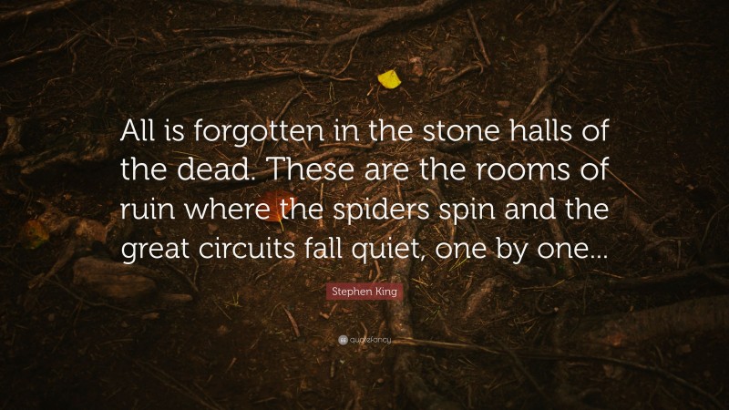 Stephen King Quote: “All is forgotten in the stone halls of the dead. These are the rooms of ruin where the spiders spin and the great circuits fall quiet, one by one...”