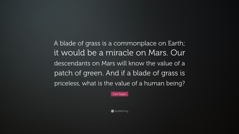 Carl Sagan Quote: “A blade of grass is a commonplace on Earth; it would be a miracle on Mars. Our descendants on Mars will know the value of a patch of green. And if a blade of grass is priceless, what is the value of a human being?”
