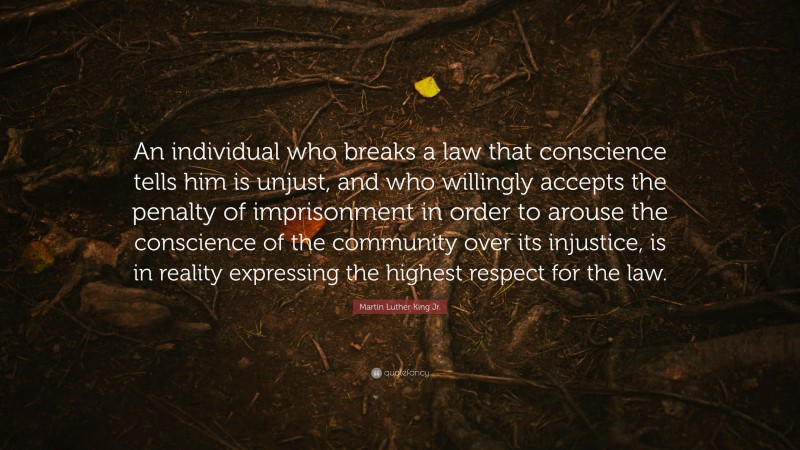 Martin Luther King Jr. Quote: “An individual who breaks a law that conscience tells him is unjust, and who willingly accepts the penalty of imprisonment in order to arouse the conscience of the community over its injustice, is in reality expressing the highest respect for the law.”
