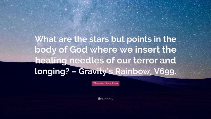 Thomas Pynchon Quote: “What are the stars but points in the body of God where we insert the healing needles of our terror and longing? – Gravity’s Rainbow, V699.”